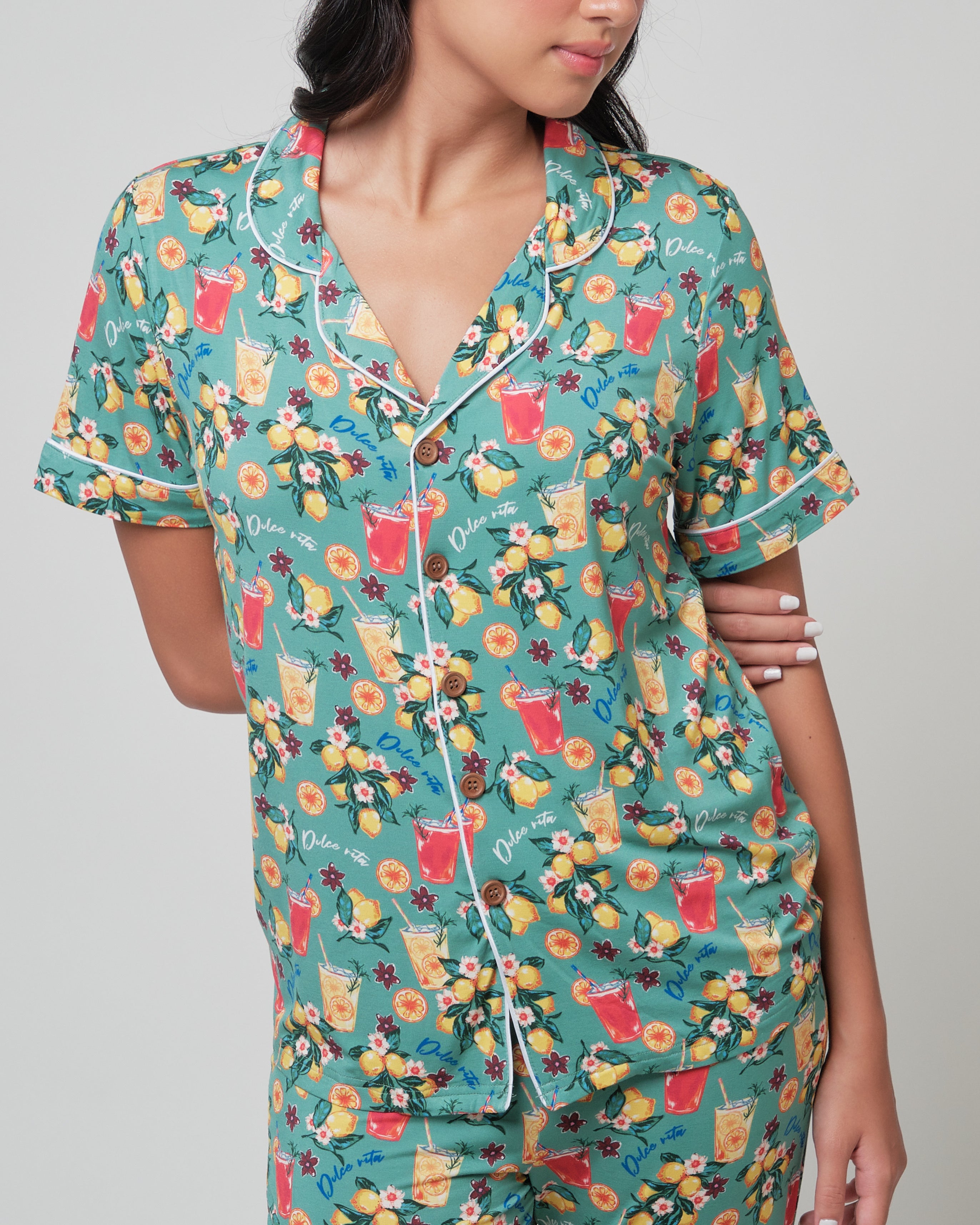 Unisex Short Sleeves Button Down PJ Set, La Dolce Vita