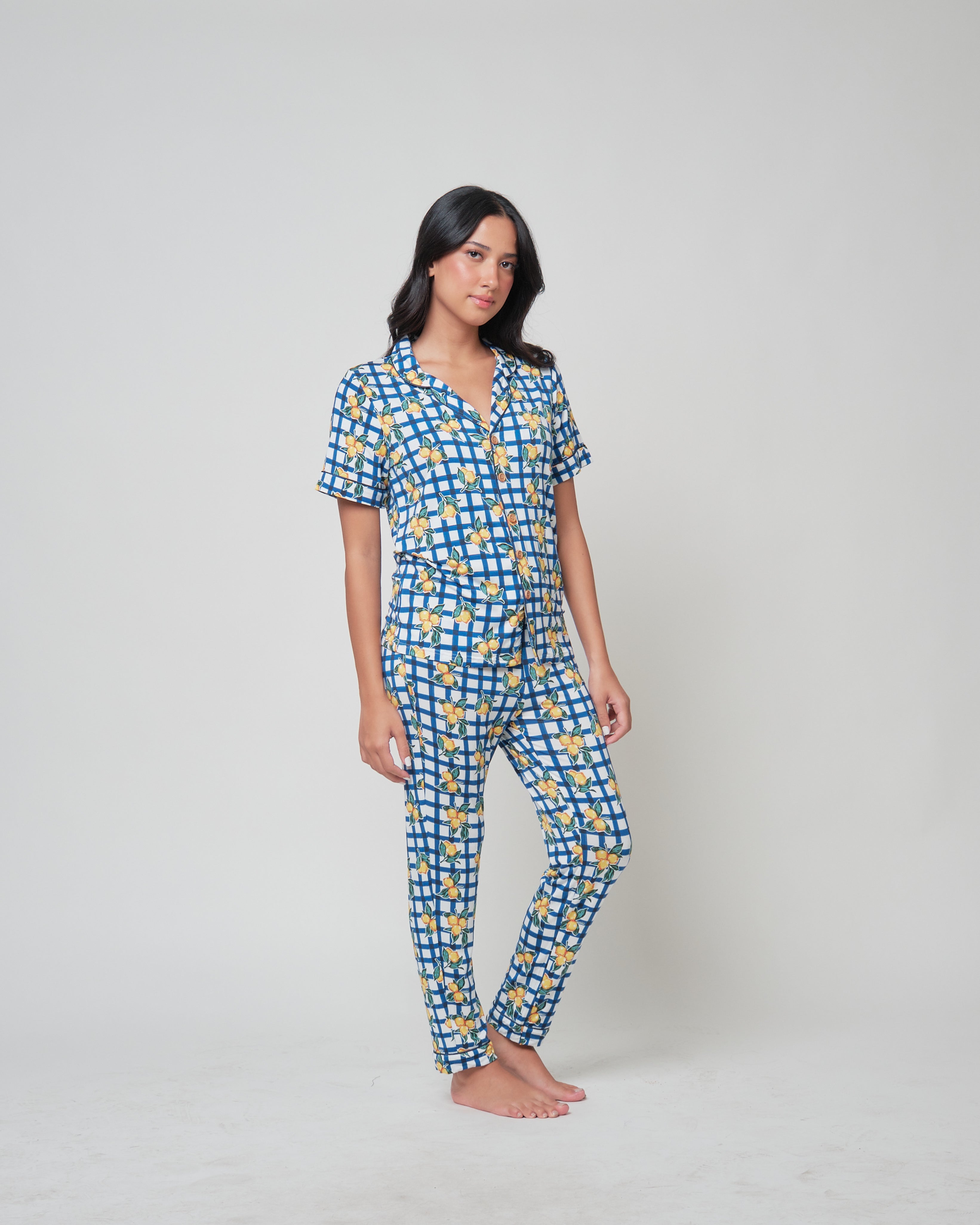 Unisex Short Sleeves ( Button Down) Adult Pjs Pants Set, Limone