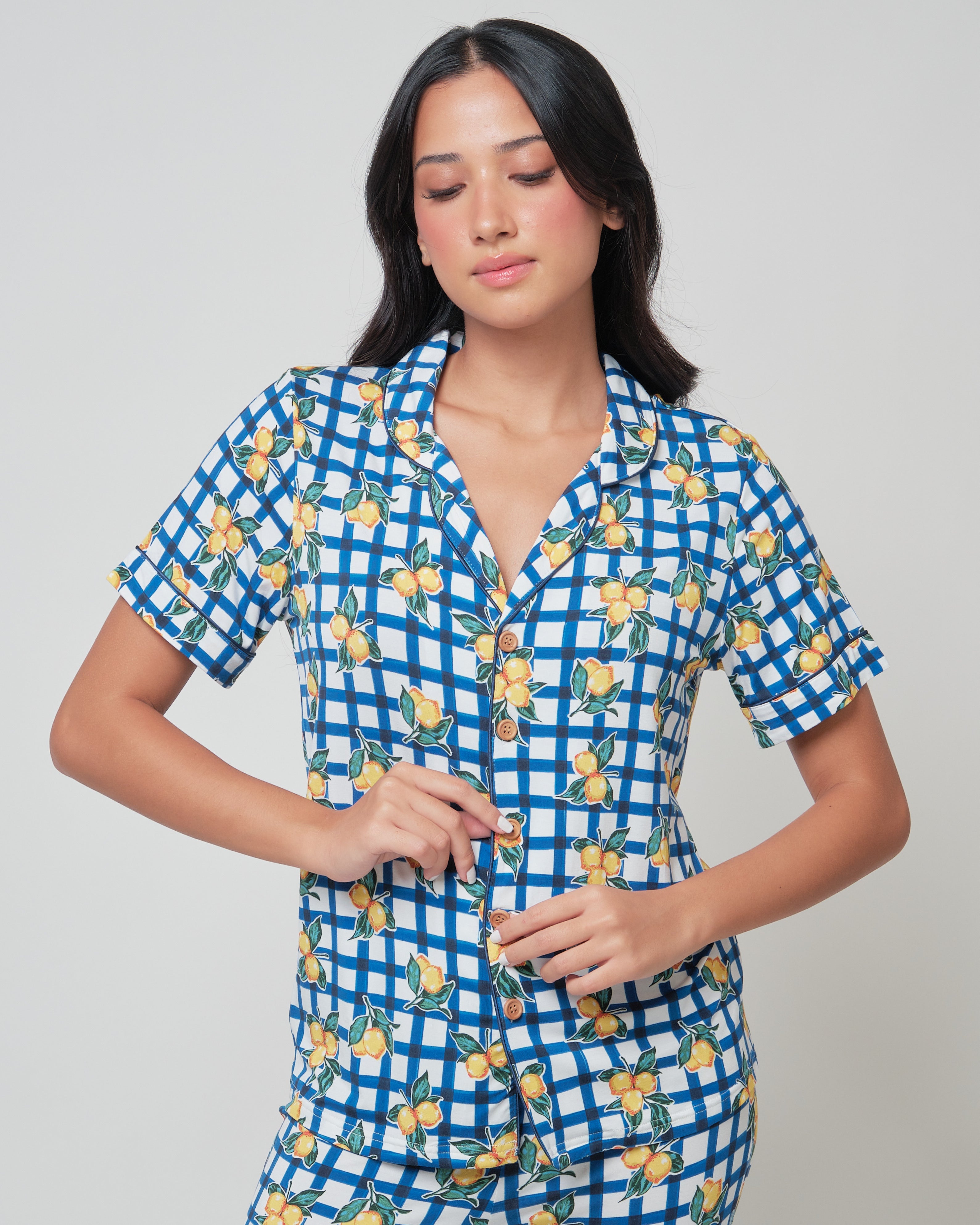 Unisex Short Sleeves ( Button Down) Adult Pjs Pants Set, Limone